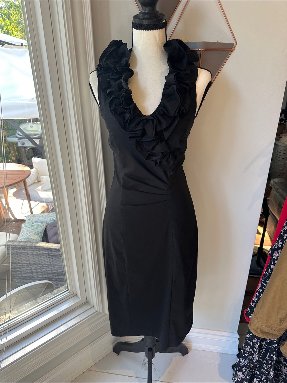 VINTAGE Y2K LE CHATEAU Black Ruffle V-Neck Dress Satin Cocktail Size Medium
